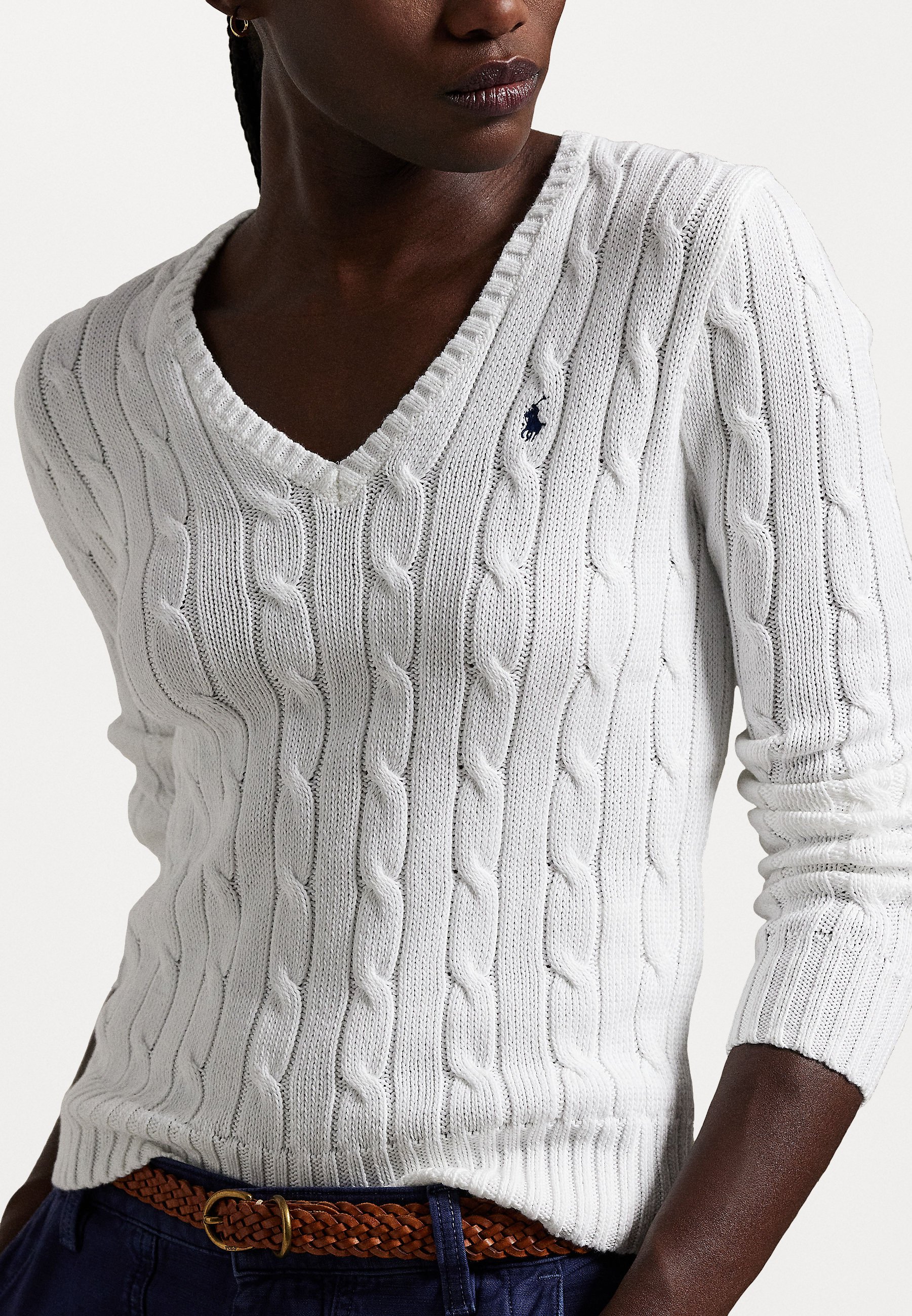 Polo Ralph Lauren CABLE KNIT COTTON V NECK SWEATER - Jumper - white -  Zalando.co.uk