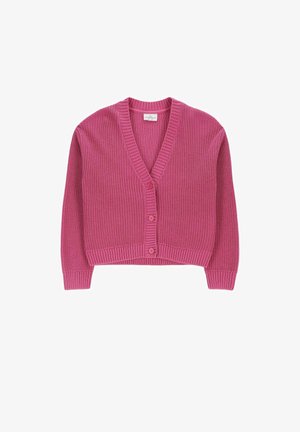 Różowy krótkowy kardigan z dzianiny, z długimi rękawami, dekoltem w serek i trzema guzikami z przodu, prezentowany na białym tle.