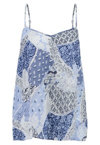 Blauses Oberteil mit verstellbaren Trägern. Enthält verschiedene blau-weiße Designs, darunter blumige und geometrische Muster. Leichter Stoff.