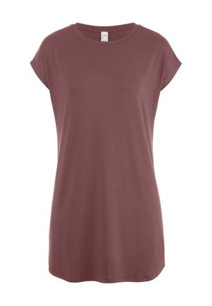 Kurzärmeliges, locker sitzendes T-Shirt in Burgunderrot mit Rundhalsausschnitt und geradem Saum, auf weißem Hintergrund dargestellt.
