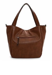 Sac fourre-tout en cuir marron avec deux poignées, texture lisse, poche avant zippée et fond arrondi.