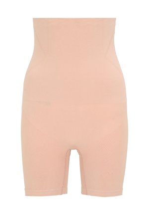 Beige corrigerende shorts met een naadloos ontwerp, mid-dij lengte en een gladde textuur. Geschikt om onder kleding te dragen.