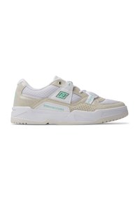 White and light beige sneaker with mesh and suede materials, featuring a mint green logo and laces, textured accents, and a rubber outsole.