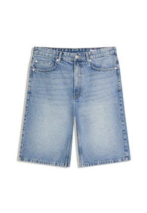 Lichtblauwe denim shorts met voorsluiting met knoop en rits, broekriemlussen, twee voorzakken en een muntzakje.