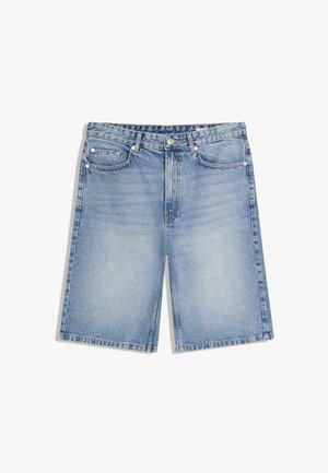 Lichtblauwe denim shorts met voorsluiting met knoop en rits, broekriemlussen, twee voorzakken en een muntzakje.