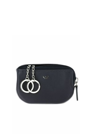 Pochette à pièces en cuir noir avec fermeture éclair et deux anneaux de clés argentés fixés à de courtes chaînes.