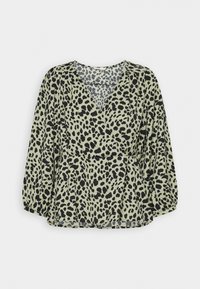 Blouse femme manches longues avec imprimé animal noir et vert olive, style cache-cœur avec col en V et poignets élastiqués froncés.