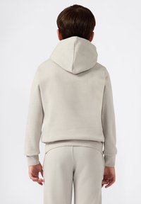 Jasnoszara bluza z kapturem, z kieszenią kangurką oraz sznurkiem do regulacji kaptura, wykonana z miękkiego materiału, z ribbowymi mankietami i luźnym krojem.