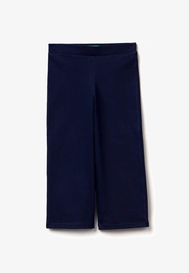 Námořnicky modré culottes vyrobené z pružného materiálu, s hladkou strukturou a elastickým pasem. Bez viditelných vzorů nebo kovových prvků.