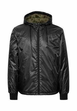 Black padded jacket with a zip front, drawstring hood, ribbed cuffs, and olive green lining. Smooth, shiny exterior textile.