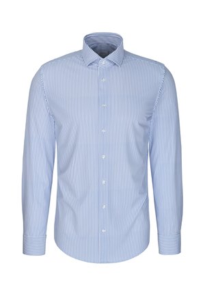 Blau-weiß gestreiftes langärmeliges Hemd mit Knopfleiste, spitzem Kragen und geknöpften Manschetten auf weißem Hintergrund.