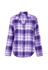Fioletowa i lawendowa koszula w kratę z długim rękawem, z kołnierzykiem, zapinana na guziki z zaokrąglonym dołem. Posiada kontrastujące wzory w kratę oraz gładką teksturę.