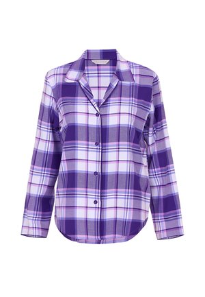 Fioletowa i lawendowa koszula w kratę z długim rękawem, z kołnierzykiem, zapinana na guziki z zaokrąglonym dołem. Posiada kontrastujące wzory w kratę oraz gładką teksturę.