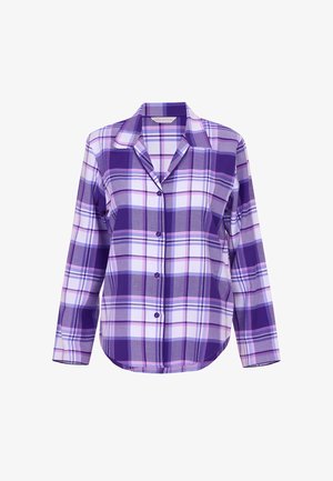 Fioletowa i lawendowa koszula w kratę z długim rękawem, z kołnierzykiem, zapinana na guziki z zaokrąglonym dołem. Posiada kontrastujące wzory w kratę oraz gładką teksturę.