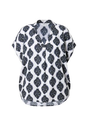 Kortærmet bluse i hvidt stof med et marineblåt diamantmønster, der har en V-halsudskæring og en afslappet pasform.