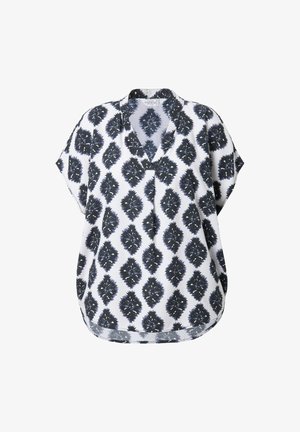 Kortærmet bluse i hvidt stof med et marineblåt diamantmønster, der har en V-halsudskæring og en afslappet pasform.