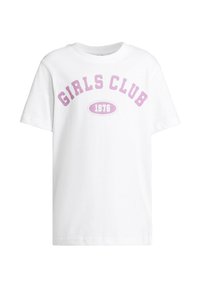 Hvit bomull T-skjorte med lilla tekst som sier "GIRLS CLUB" og "1976" i et ovalt design. Korte ermer og standard rund hals.