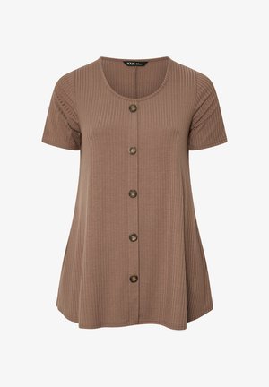 Bruin geribd kort shirt met ronde halslijn en vijf knopen aan de voorkant, losse pasvorm met iets uitlopende zoom.