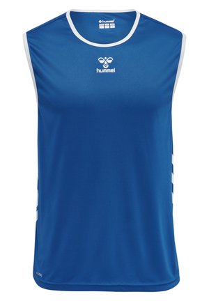 Blaues ärmelloses Sportjersey aus glattem, atmungsaktivem Stoff, mit weißen Akzenten, Logo in der Mitte und weißen seitlichen Streifen.
