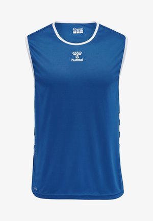 Niebieski sportowy jersey bez rękawów wykonany z gładkiego, oddychającego materiału, z białymi wykończeniami, logo na środku i białymi paskami po bokach.