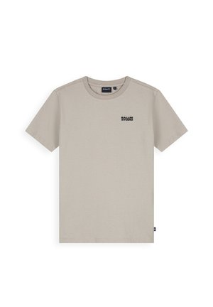 Lichtbeige T-shirt met korte mouwen met het "BALLIN STUDIO" logo gedrukt in kleine zwarte letters op de linker bovenborst.