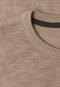 Gros plan d'un pull beige en tricot avec un col rond côtelé et un détail de col intérieur foncé.