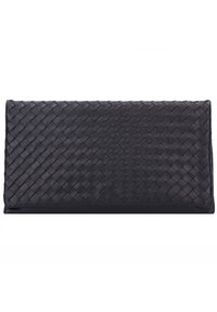 Musta kudottu nahkalaukku. Vuoressa suora muoto ja teksturoitu pinta, joka on sileä reunoiltaan. Siisti muotoilu, sopii virallisiin tilaisuuksiin.