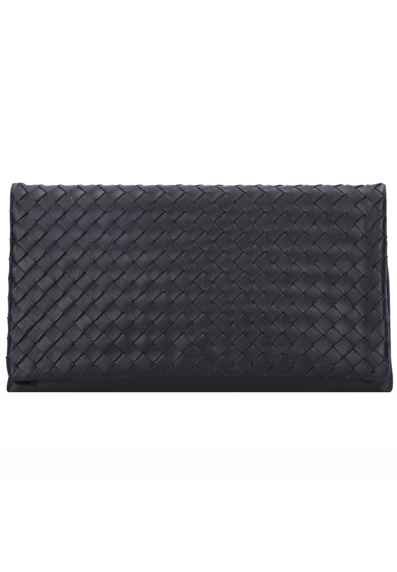 Musta kudottu nahkalaukku. Vuoressa suora muoto ja teksturoitu pinta, joka on sileä reunoiltaan. Siisti muotoilu, sopii virallisiin tilaisuuksiin.