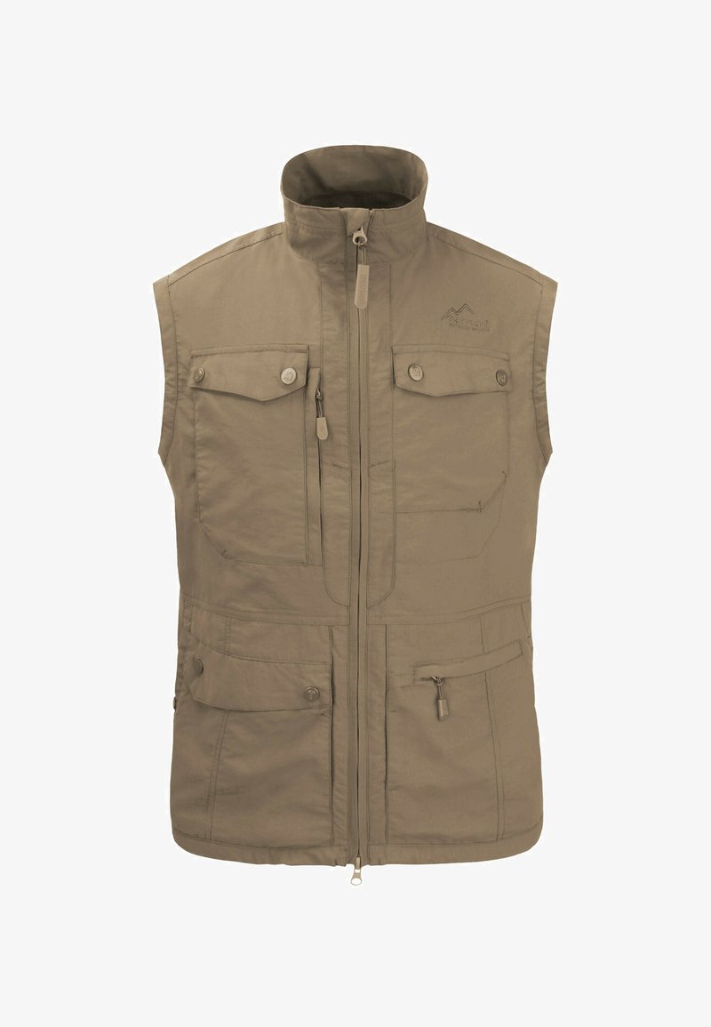 Beige ärmellose Weste mit hohem Kragen, Frontreißverschluss, mehreren Taschen und Druckknöpfen. Hergestellt aus leichtem Stoff mit glatter Textur.