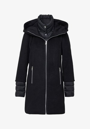 Schwarzer kniehoher Mantel mit Kapuze, gesteppter Kragen und Manschetten, Frontreißverschluss und seitlichen Reißverschlusstaschen.
