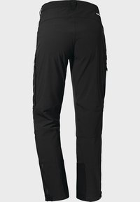 Schwarze Cargo-Hosen aus leichtem Material, mit Reißverschlusstaschen an den Seiten und einer figurbetonten Passform mit flexiblem Bund.