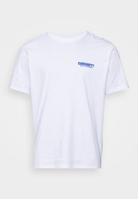 White cotton t-shirt with short sleeves. Features blue "Carhartt Work in Progress" logo on the left side of the chest.