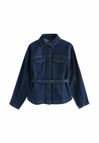 Mörkblå denimjacka med framfickor, långa ärmar, knäppt krage och ett matchande bälte i midjan.