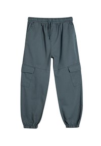 Pantalones cargo gris oscuro con cintura elástica y cordón, puños elásticos y dos bolsillos laterales. Elaborados con una tela suave y resistente con un corte holgado.
