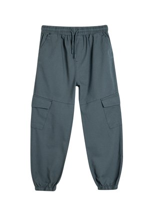 Donkergrijze cargobroek met een trekkoord in de taille, elastische boorden en twee zijzakken. Gemaakt van een gladde, stevige stof met een ontspannen pasvorm.