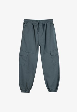 Donkergrijze cargobroek met een trekkoord in de taille, elastische boorden en twee zijzakken. Gemaakt van een gladde, stevige stof met een ontspannen pasvorm.