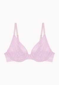 Soutien-gorge en dentelle lilas avec une forme triangulaire, des bretelles réglables, des bords festonnés et une texture douce. Sans armature, conçu pour le confort.