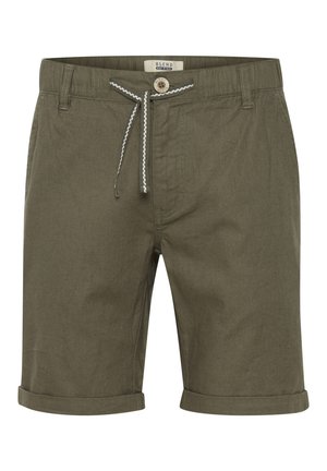 Olivenfarvede shorts lavet af bomuld med bindebånd i taljen, opfoldede bukseben og forlommer. Har en lyse farvet knap og syninger.