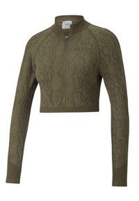 Maglia verde oliva a maniche lunghe, corta, con zip a metà, caratterizzata da un motivo testurizzato e logo del marchio sul petto, realizzata in tessuto elasticizzato.