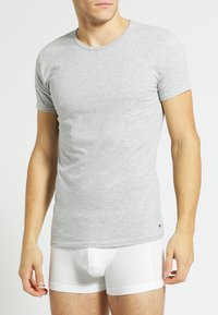 Gray cotton t-shirt with short sleeves, round neck, and a small logo accent. Worn with white boxer briefs. Smooth texture.