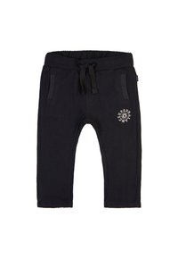 Donkerblauwe sweatpants met een visgraatstructuur, elastische tailleband, trekkoord en twee zijzakken. Bevat een ronde grafische afbeelding op de linker bovenbeen.
