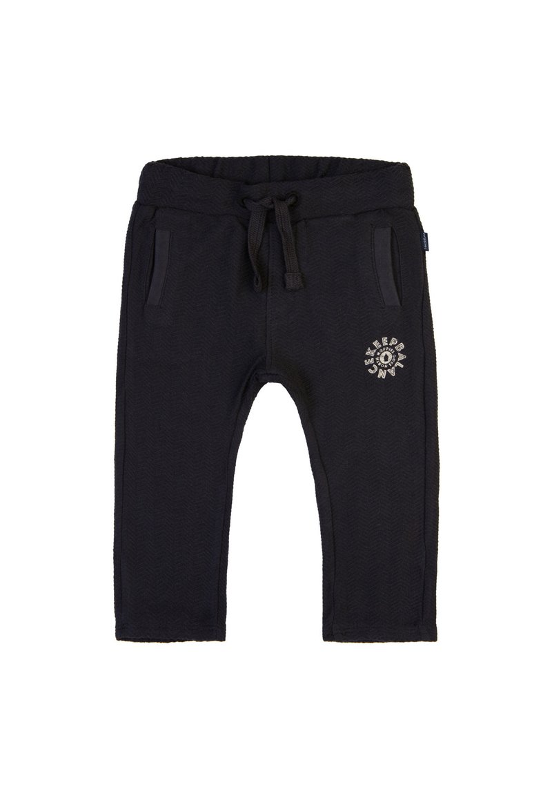 Donkerblauwe sweatpants met een visgraatstructuur, elastische tailleband, trekkoord en twee zijzakken. Bevat een ronde grafische afbeelding op de linker bovenbeen.