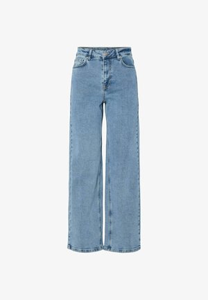 Jasnoniebieskie szerokie dżinsy z wysokim stanem, zapinane z przodu na guziki i suwak, posiadające szlufki na pasek oraz standardowy fason z pięcioma kieszeniami.