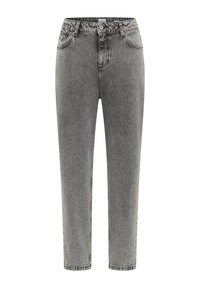 Szare dżinsy z prostymi nogawkami, pięcioma kieszeniami i kontrastującym przeszyciem. Posiadają zapięcie na guzik oraz szlufki na pasek w talii.