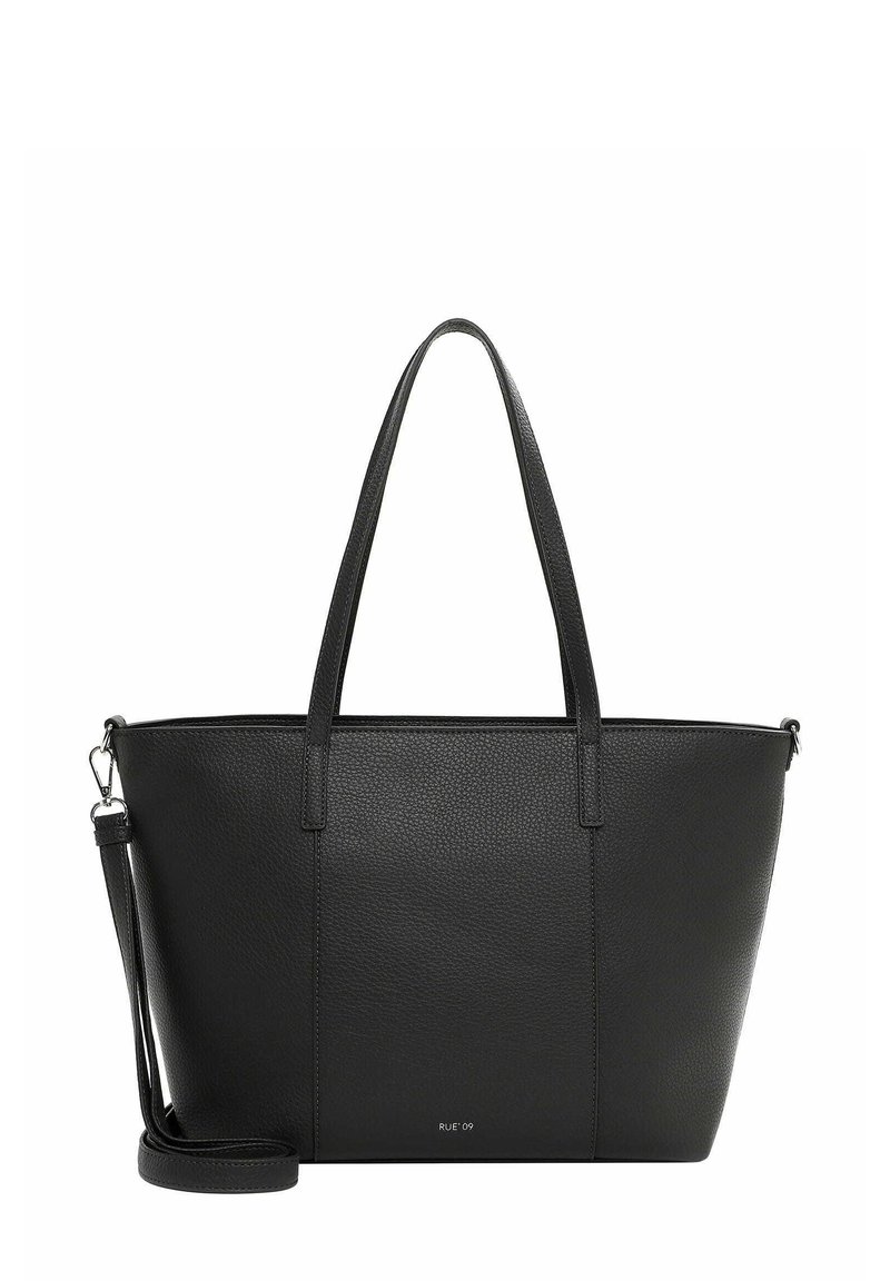 Bolso tote de cuero negro con textura lisa, dos asas para el hombro y una correa cruzada ajustable. Presenta un diseño minimalista y un logotipo.
