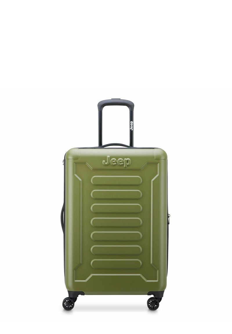 Valigia rigida di colore verde oliva con texture rigata, ruote nere e manico retrattile. Presenta il nome del marchio "Jeep" sul frontale.