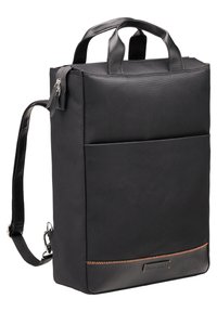 Schwarze rechteckige Tasche aus strukturiertem Stoff, mit Ledergriffen und einem Schultergurt. Enthält eine Vordertasche mit orangefarbenen Akzenten.