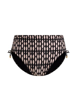 Schwarz-beiger Bikinihose mit Diamantmuster, gerafften Seiten und verstellbaren Bändern sowie metallischen Akzenten.