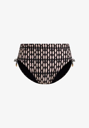 Braguita de bikini negra y beige con patrón de diamantes, lados fruncidos y cordones ajustables, con detalles metálicos.