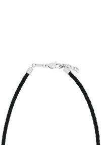 Schwarzes geflochtenes Lederhalsband mit silbernen Metallverschlüssen. Verfügt über einen Karabinerverschluss und eine verstellbare Kette für unterschiedliche Längen.
